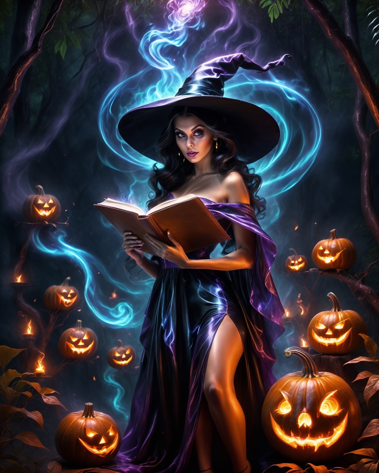 Full body portrait, Photorealistic art style, big detailed eyes, highly detailed, artistic, small black witch hat, a beautiful blue hair witch girl in sexy outfit with shiny cape, wearing high heels, reading an old magical book, casting a fire spell on the ghosts and pumpkins, in a jungle with lot of trees, volumetric lighting, dynamic poses, windy, depth of field, dynamic angle, swirling flame, ,mythical clouds,more detail XL,fire element, (ghost), 