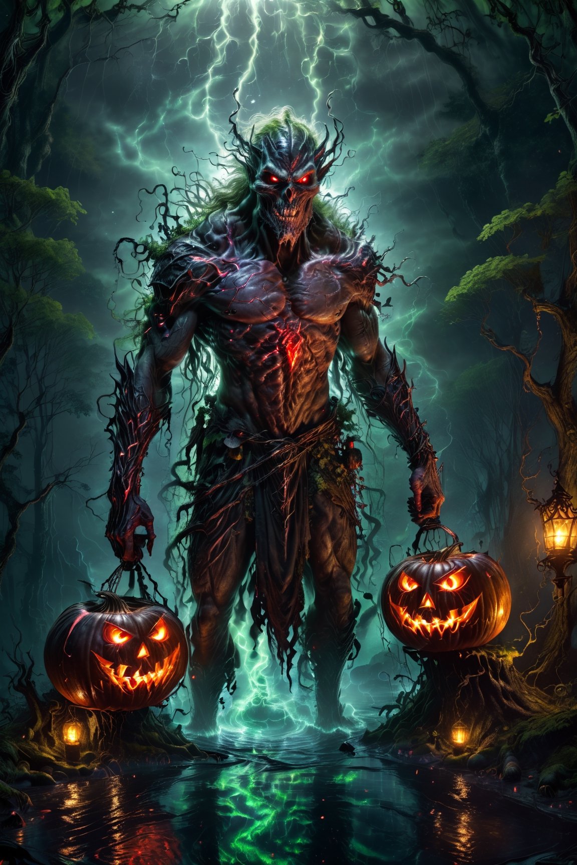 In a horrible fairy tale swamp under the moonlight, A demon negotiates with a traveler, (Best quality, 4k, 8k, High Resolutions, masterpiece: 1.2), ultra detailed, (realistic, photorealistic, photorealistic: 1.37), DarkFantasy, haunting atmosphere, Mystical fog, Twisted tree roots, Mysterious glowing mushrooms, Cloudy green water, Mossy rocks, ripples on the surface, Subtle reflections of moonlight, Sinister silhouette of the demon, Sharp and threatening features, Glowing red eyes, Ghostly pale skin, intricate tattoos, malevolent smile, Tall elegant traveler, worn clothes, determined expression, Flickering torch held high, Mystical artifacts, Antique parchment with cryptic symbols, Creepy whispers, Heavy air full of tension , Dim candlelight, Misty ethereal figures lurking in the background, Disturbing shadows cast by moonlight, Suspended environment, halloween, nightmare_night,detailmaster2,HellAI,DonMn1ghtm4reXL