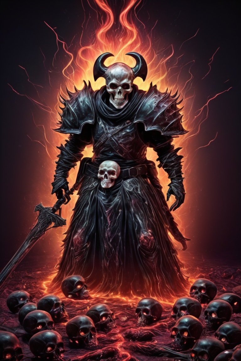 Wide shot, Best quality, high-res, metal maden male chaos warrior, skulls on the ground, photorealistic, Bloodborne, glowing eyes, dark magic splash, gothic, Halloween, burnt sephia gradient, magic, nature, clean background, magic splash, 3D vector art, fantasy art, watercolor effect, bokeh, Adobe Illustrator, hand-drawn, digital painting, soft lighting, isometric style, retro aesthetic, 4K resolution, using Cinema 4D, natural lighting, cinematic, masterpiece, highly detailed, intricate, extreme textures, horror, terryfying, creepy, Scary, artstation, epic, high-detailed