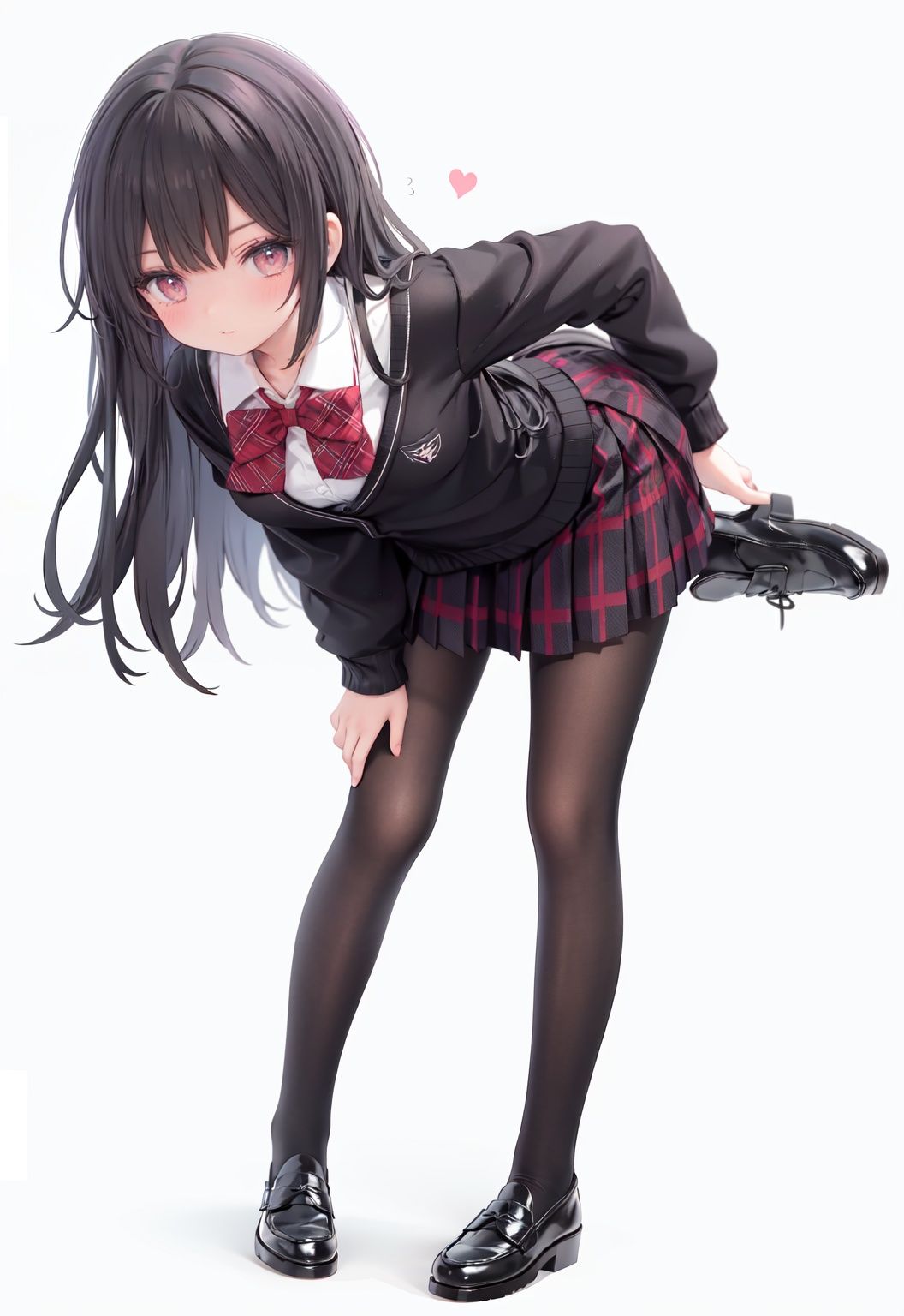  1girl, solo, pantyhose, skirt, long hair, loafers, shoes, simple background, school uniform, brown eyes, plaid, black pantyhose, plaid skirt, looking at viewer, black hair, pantyhose pull, full body, clothes pull, black footwear, pleated skirt, leaning forward, bangs, long sleeves, bent over, cardigan, bow, bowtie, standing, closed mouth, pulled by self, grey background, blush, miniskirt, red bow, sweater, **********