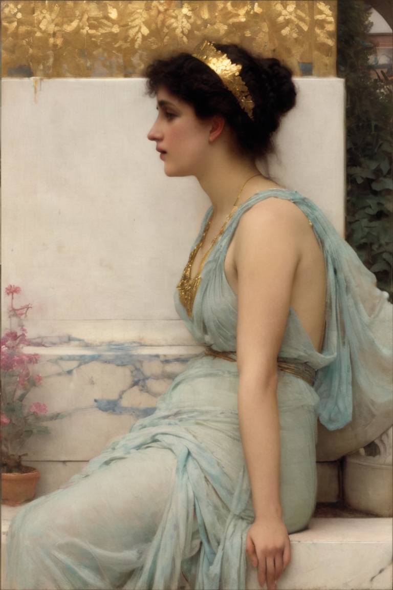 Shining goldleaf crown on a dark-haired woman by Lawrence Alma-Tadema on Tensor.Art