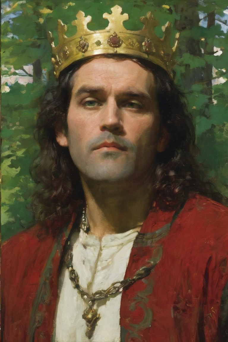 Man with green eyes and a golden crown under dappled light by Howard Pyle on Tensor.Art