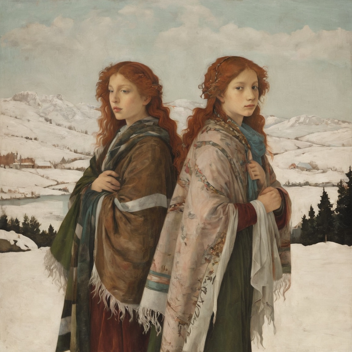A boy and girl with copper hair in a snowy landscape with a tattered shawls by Sandro Botticelli on Tensor.Art