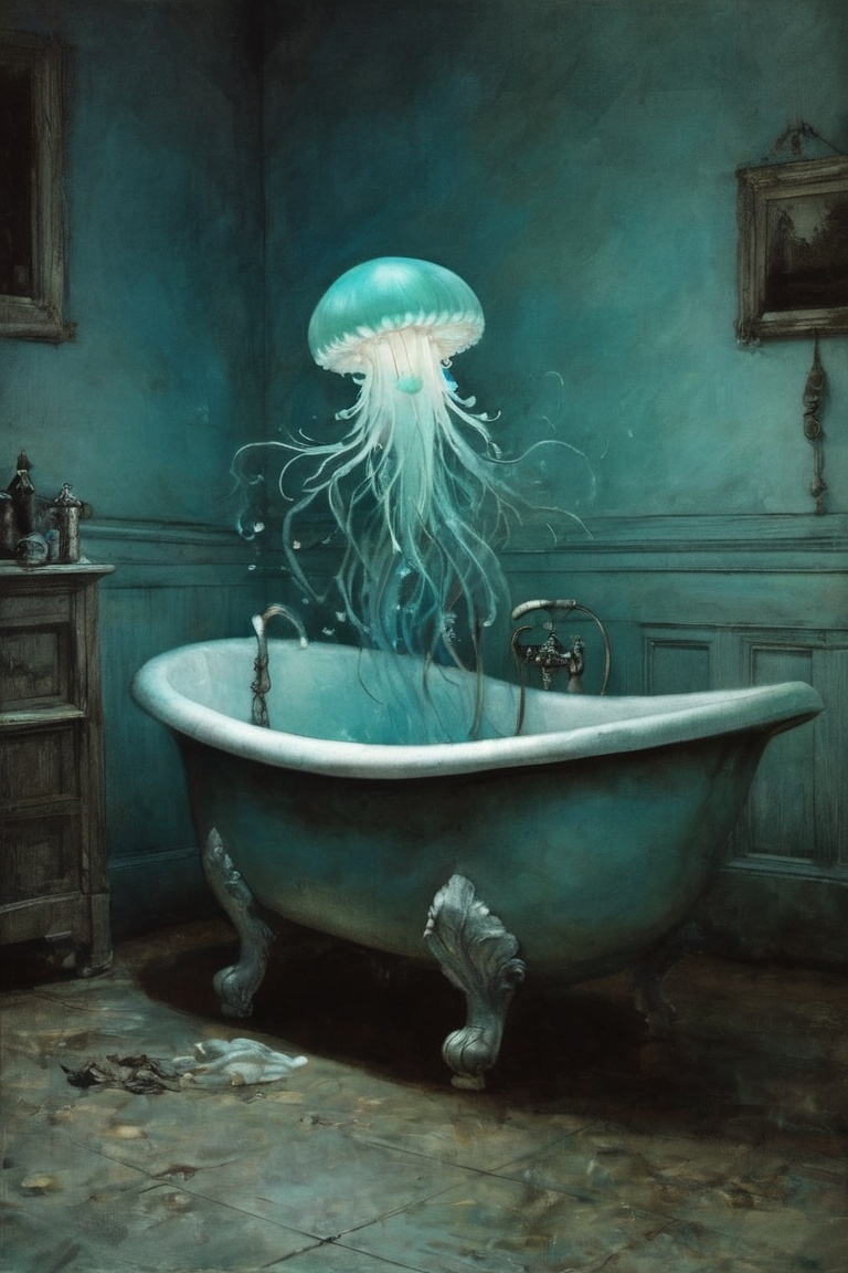 -Bioluminescent jellyfish in an abandoned clawfoot bathtub by Arthur Rackham on Tensor.Art