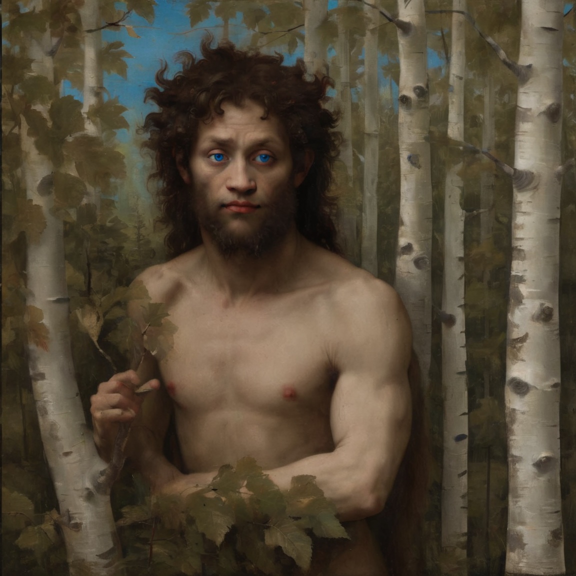 Chiaroscuro portrait of a satyr with blue eyes in a birch tree forest by Leonardo da Vinci on Tensor.Art