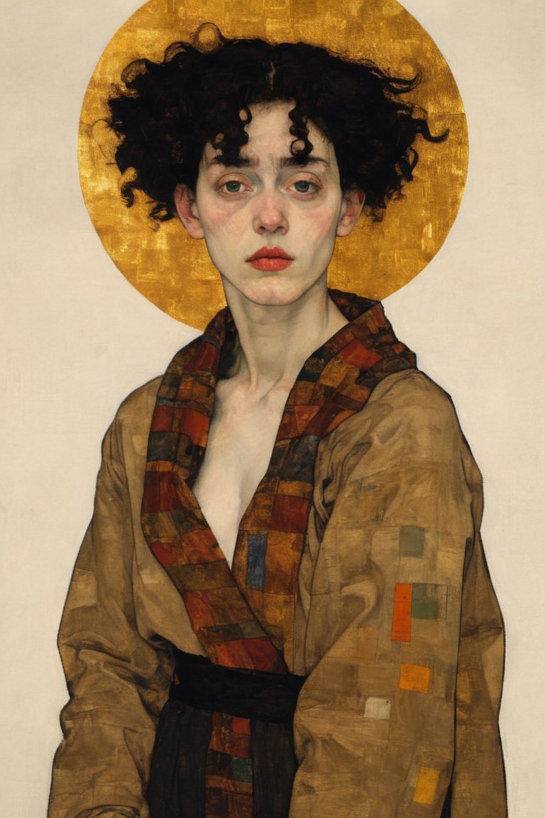 Shining goldleaf halo by egon schiele,  black hair on Tensor.Art