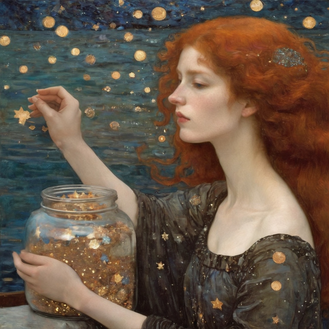 Copper-haired woman and a jar of stars in a shimmering sea by Gustav Klimt on Tensor.Art