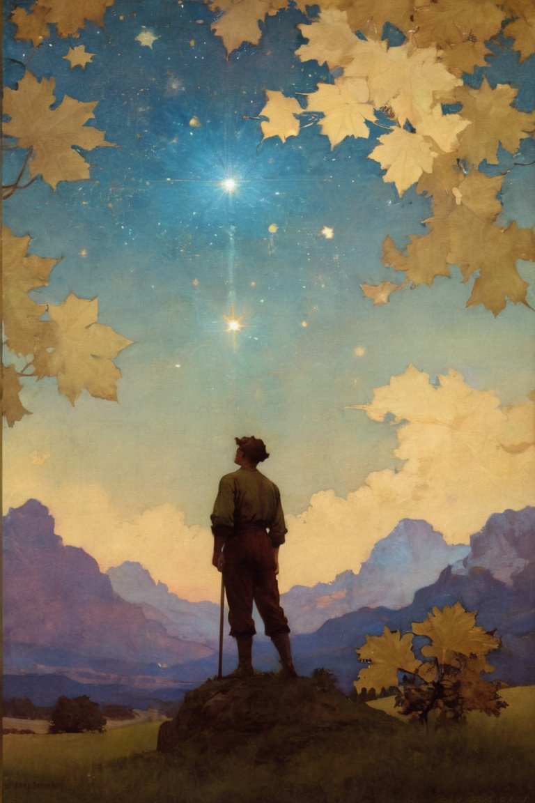 Man in a field of glowing stars with a goldenleaf by Maxfield Parrish on Tensor.Art