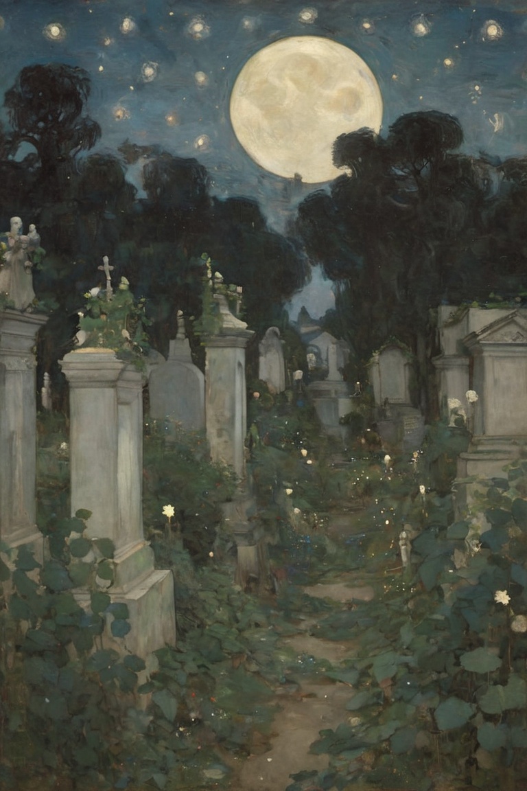 Cemetery overgrown with vines under a sky filled with stars by Gustav Klimt on Tensor.Art