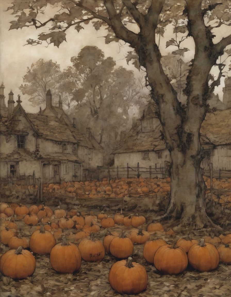 Sycamore trees in the shadow of an abandoned pumpkin patch by Arthur Rackham on Tensor.Art