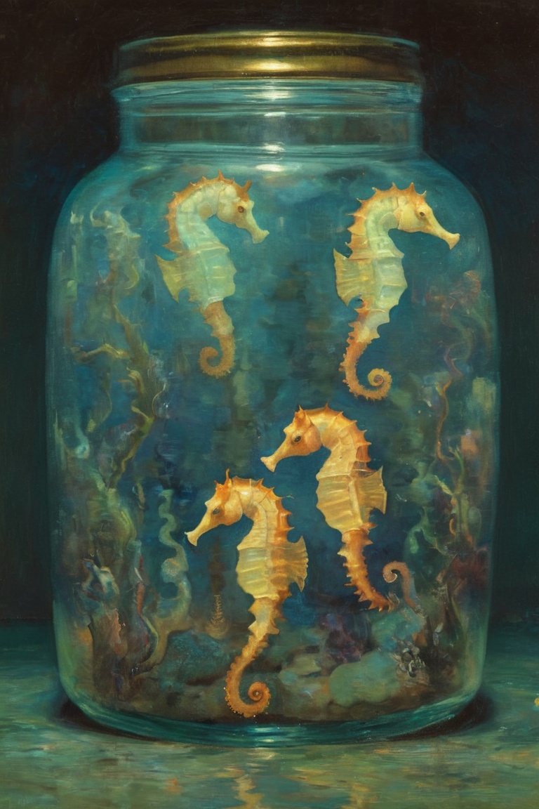 Glowing jar of seahorses underwater by Gustav Klimt on Tensor.Art