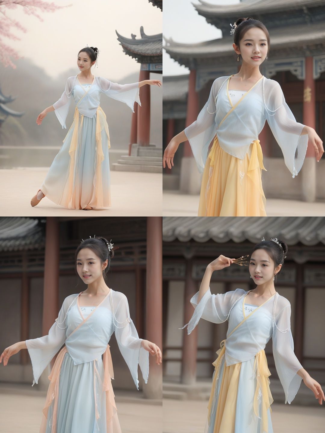 best quality,highly detailed,dancing,zgirl,dancedress,smile <lora:clothes21-000012:0.8>,full  body,headwear,see through,Palace,indoor,Chinese architecture,<lora:zgirlxl8-000020:0.4>,indoor,tiara,headwear,hair_bun,single_hair_bun,hair_ornament,hoop earrings,