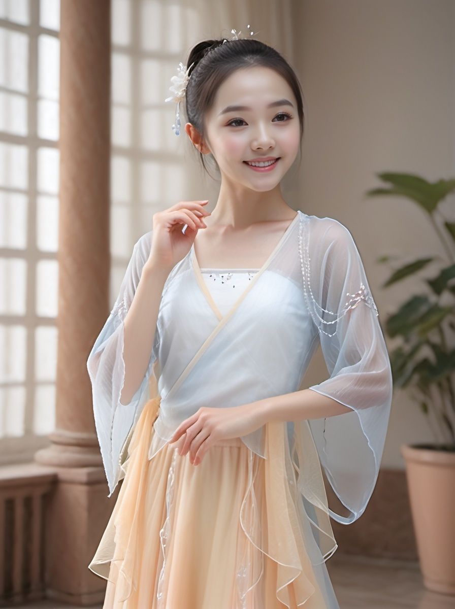  best quality,highly detailed,dancing ,
dancedress, smile ,full body,headwear, see_through, Palace , indoor,Chinese architecture, dancedress