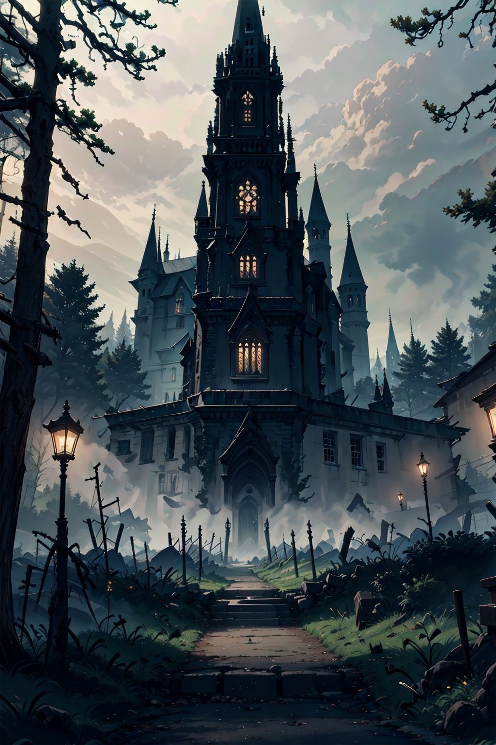 Forest, Castle, Gothic, best quality, 8K, cinematic lighting, ultra HD, masterpiece,