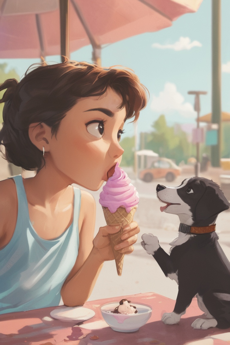 cartoon style eating an ice cream while a cute puppy watches her anxiously. on Tensor.Art