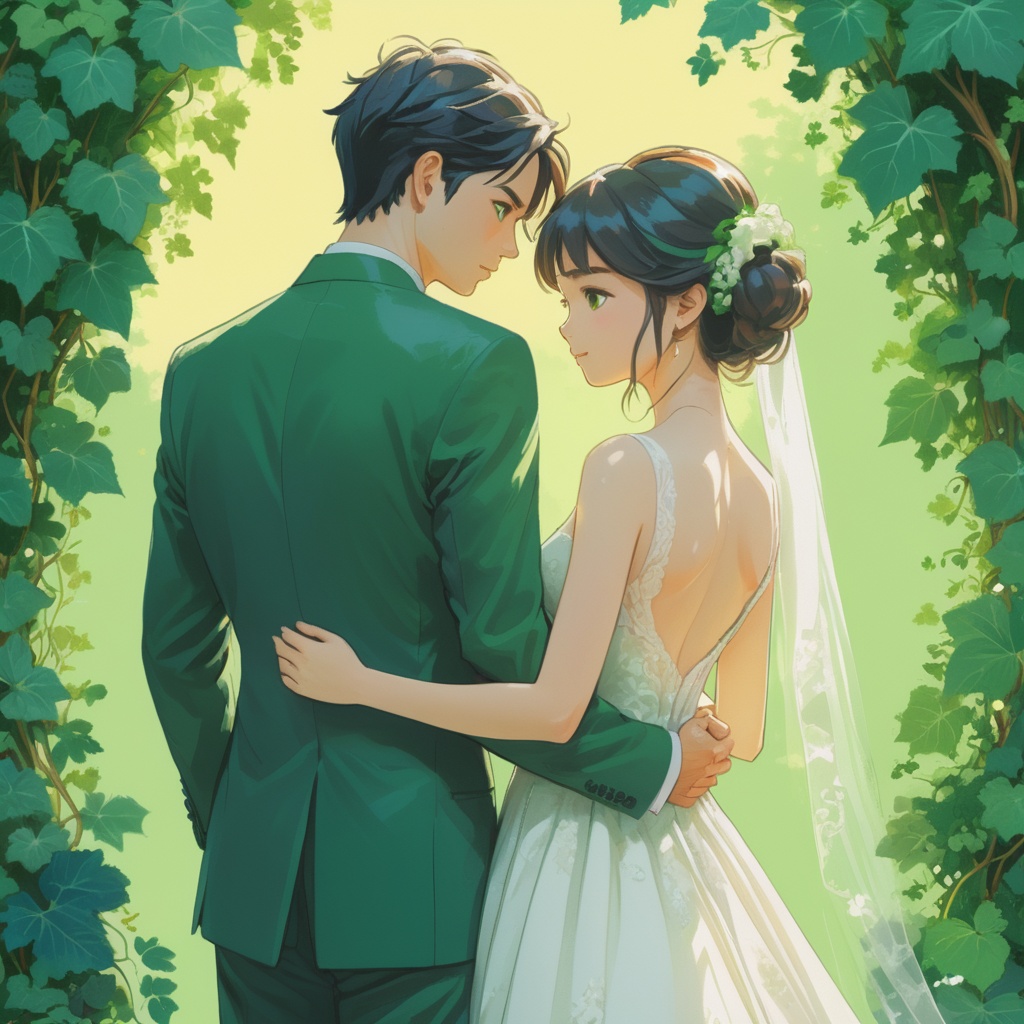 drawing from behind of a wedding couple on a green hedera background,  golden ratio,  fake detail on Tensor.Art