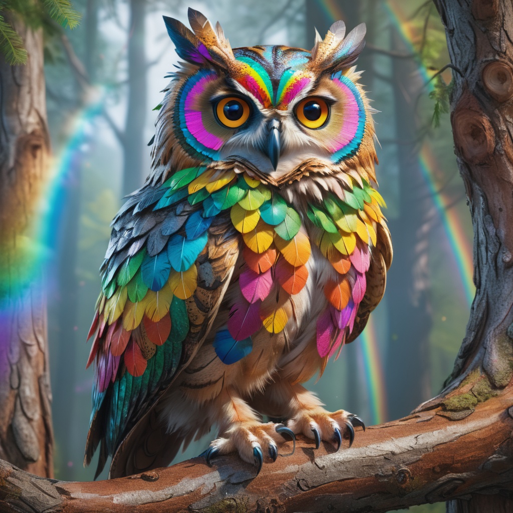 Owl with rainbow feathers sitting on a tree,  portrait,  8k on Tensor.Art