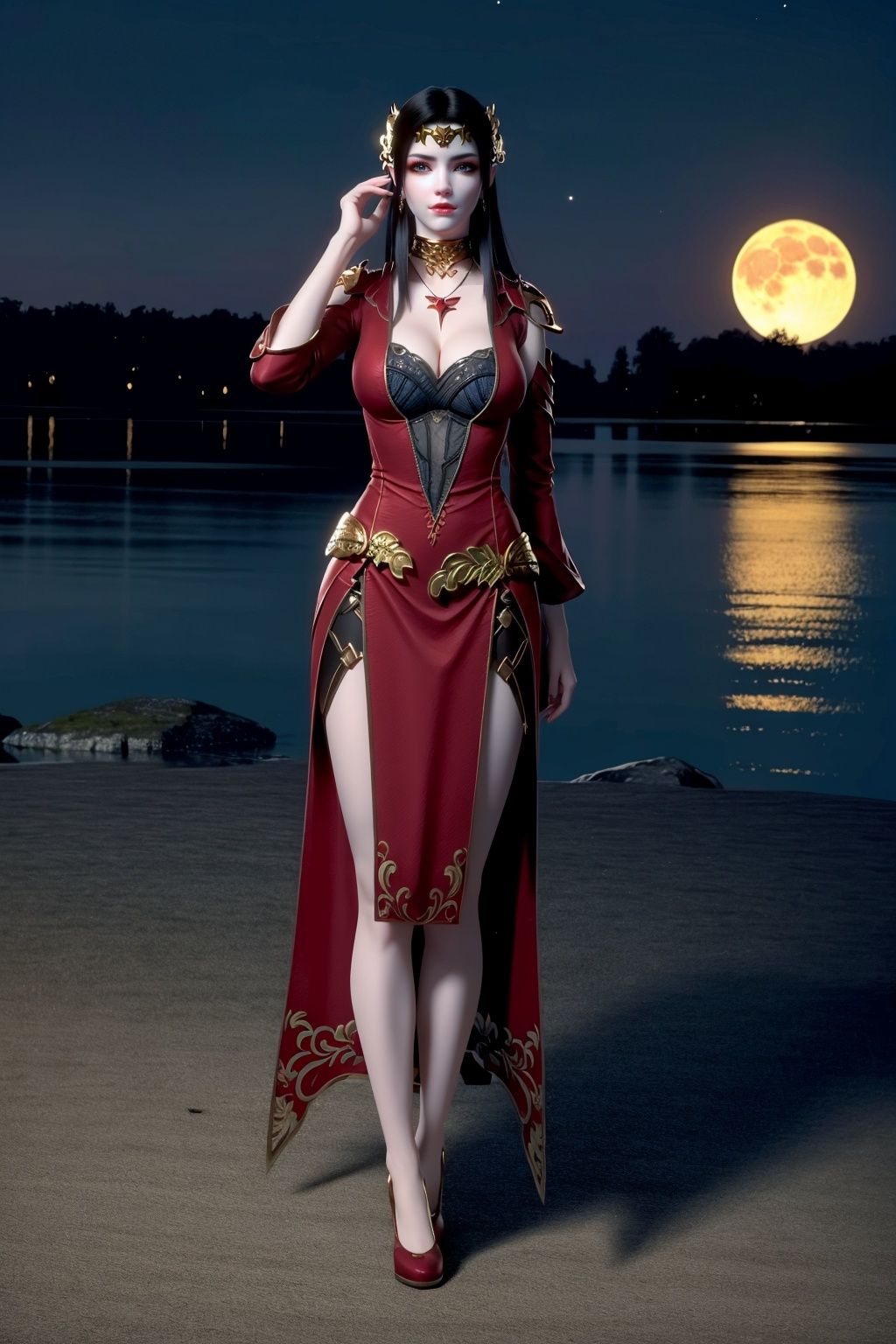 (RAW photo, best quality, masterpiece:1.2),(super realistic, photo-realistic:1.3),ultra-detailed,extremely detailed cg 8k wallpaper,skin gloss,light persona,flawless,clean,professional artwork,famous artwork,perfect face,beautiful face,(crystalstexture skin:1.2),(extremely delicate and beautiful),cherry blossoms,cloud,full moon,looking at viewer,moon,moonlight,night,night sky,outdoors,petals,blue moon,rose petals,sky,star sky,starry sky,sun,1girl,solo,very long hair,(full body:1.6),(pov:1.2),sitting,crossed legs,mdsh-hd,mdshyf-hd,red dress,clothing cutout,breasts out,mdsf-hd,(breasts,large_breasts:1.2,cleavage:1.6 ),looking at viewer,<lora:1104mds-000016:0.75>,