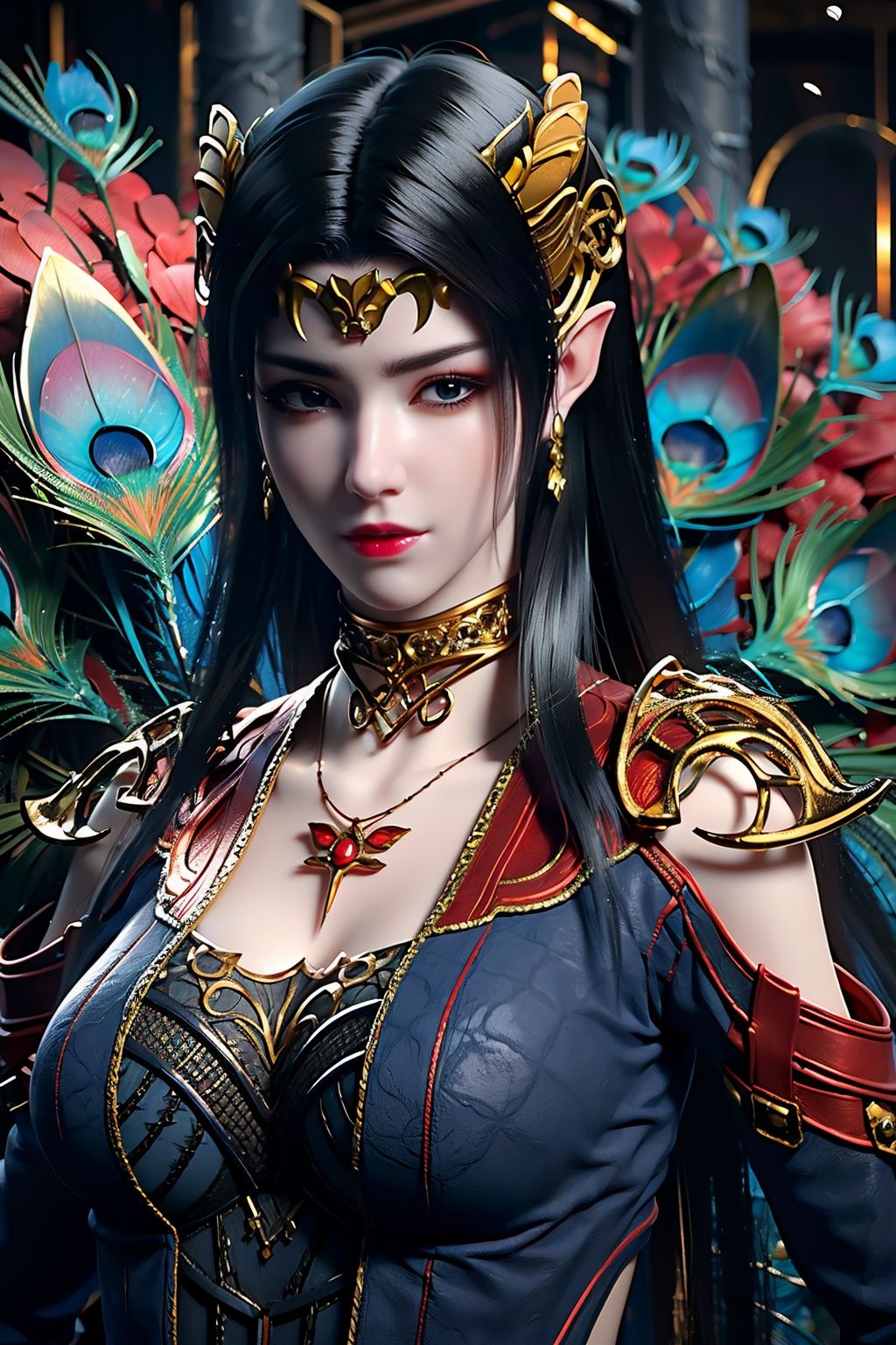 Best Quality, masterpiece, ultra-high resolution, (photo realistic: 1.4) , Surrealism, Fantastical verisimilitude, beautiful blue-skinned goddess Phoenix Peacock on her head, fantastical creation, thriller color scheme, surrealism, abstract, psychedelic, 1 girl,flower,castle,jyy-hd,1 girl,mds-hd,xwhd,yx-hd,dzn-hd,mxt-hd