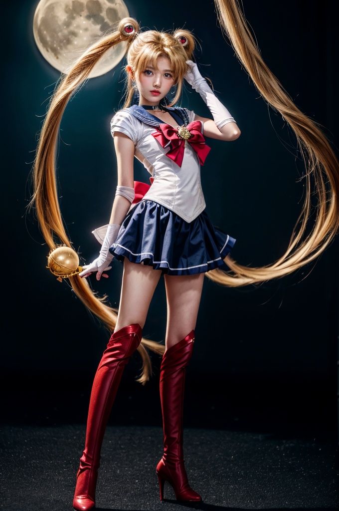  (Good structure), HDR, UHD, 8K, A real person, Highly detailed, best quality, masterpiece, 1girl, realistic, Highly detailed, (EOS R8, 50mm, F1.2, 8K, RAW photo:1.2), ultra realistic 8k, (best illumination, best shadow, extremely delicate and beautiful), (official art, beautiful and aesthetic:1.2), pose for picture,
shuobingyue, 1girl, tsukino usagi, solo, sailor moon, long hair, blue sailor collar, sailor senshi uniform, sailor collar, magical girl, red bow, blonde hair, bow, skirt, boots, knee boots, twintails, red choker, gloves, choker, blue eyes, blue skirt, double bun, hair bun, white gloves, moon, elbow gloves, very long hair, back bow, full body