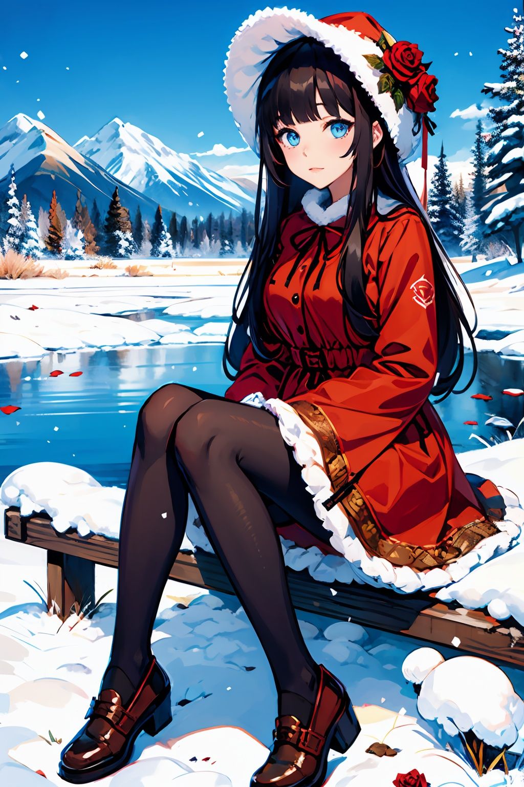  masterpiece, best quality, winter, snow field, moyou,1girl, bangs, blue eyes, blunt bangs, bonnet, brown footwear, brown hair, dress, frills, fruit, full body, hat, long hair, long sleeves, looking at viewer, pantyhose, purple dress, red flower, red rose, rose, shoes, sitting, solo, sky, sun, mountain, forest, lake,