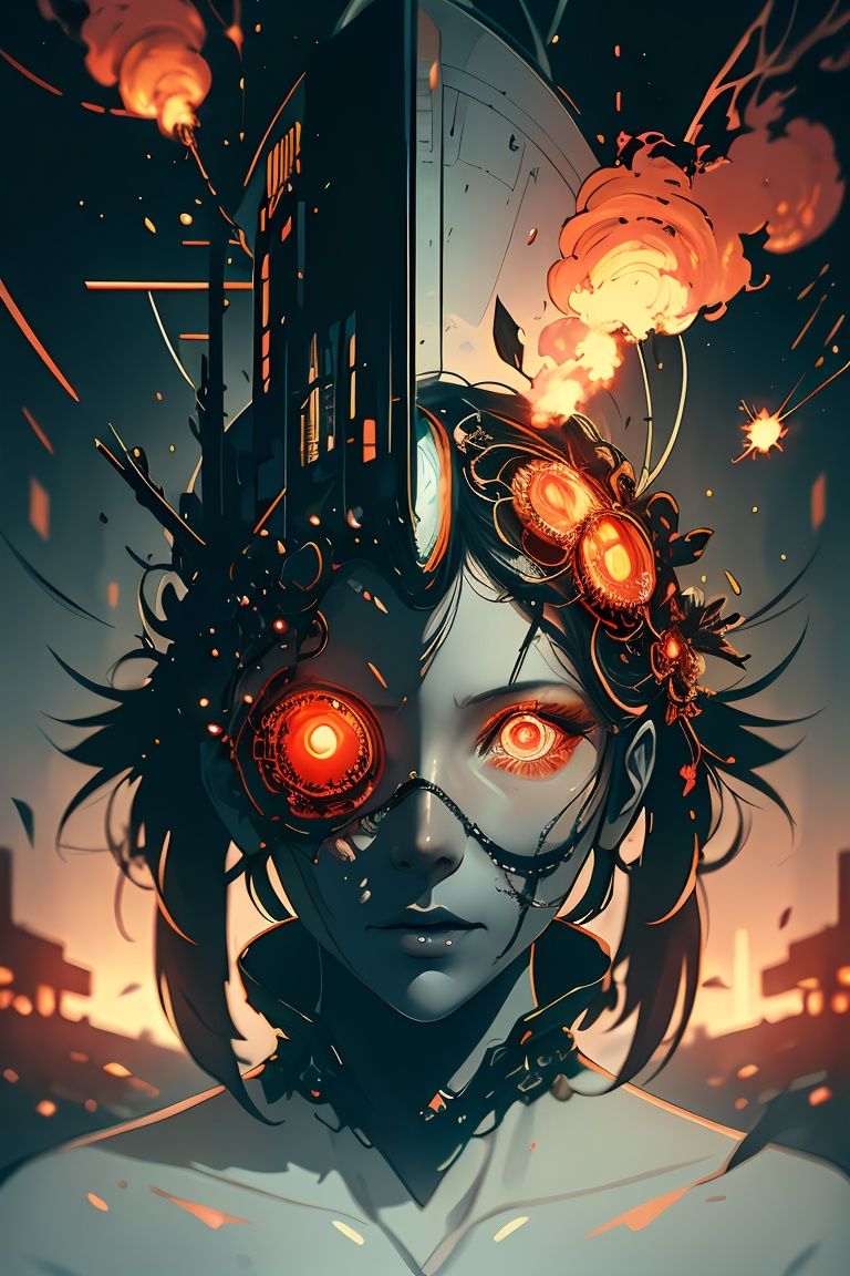  The artwork is a detailed, symmetrical portrait of a cyberpunk neuronet goddess made of delicate broken cracked corrode rust damaged porcelain and lit with backlighting. It was created by Victo Ngai and H. R. Giger and rendered using Octane. The piece is trending on CGsociety and Artstation and is highly detailed and vibrant. It is set in outer space and features a vanishing point and a super highway. It is a digital render and digital painting. 8 k, haze fog smoke, back lighting, sparks spark, fire, silhouette, in a apocalypse destroyed war zone city background, bokeh