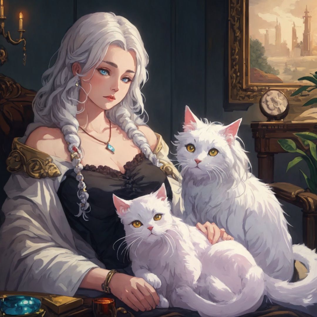  oil painting of a woman with a (Angora\(cat\)), lying, detailed painting inspired by Charlie Bowater, blooming exquisite necklace, 4 k detailed fantasy, white silver painting,dreamland