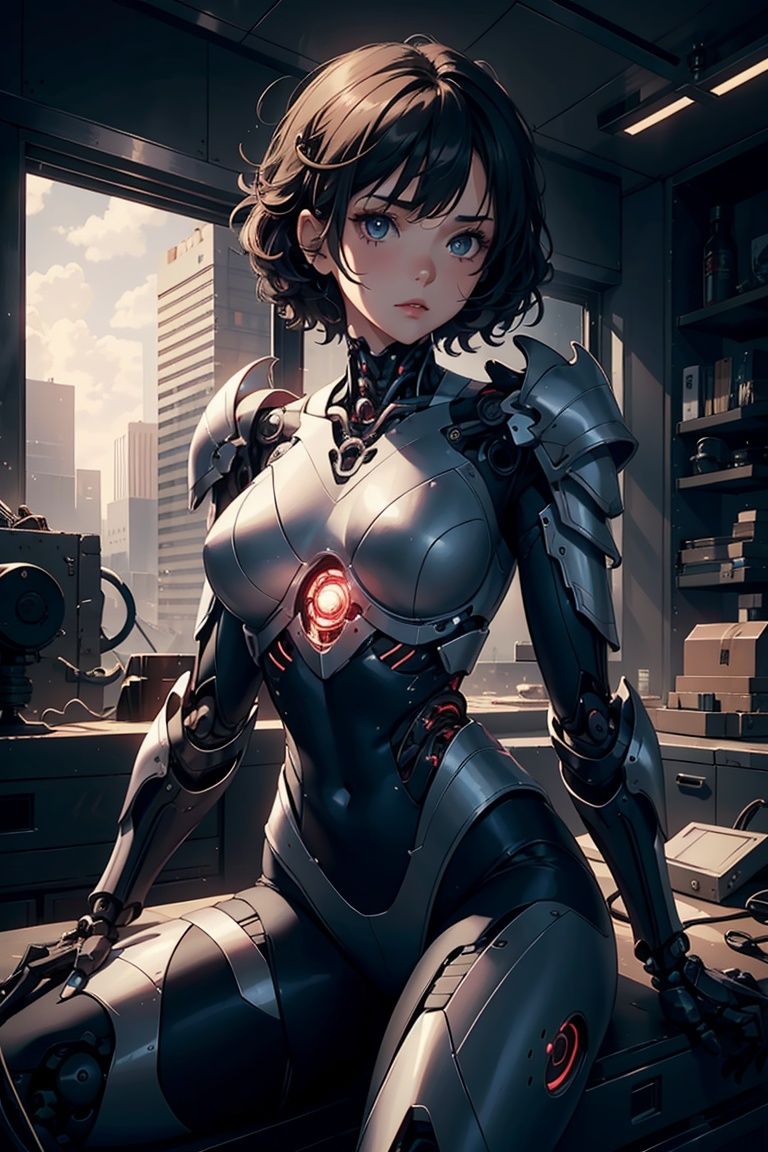  dramatic lighting,1girl,short curly hair,cyborg,armor,biomechanical environment,sitting