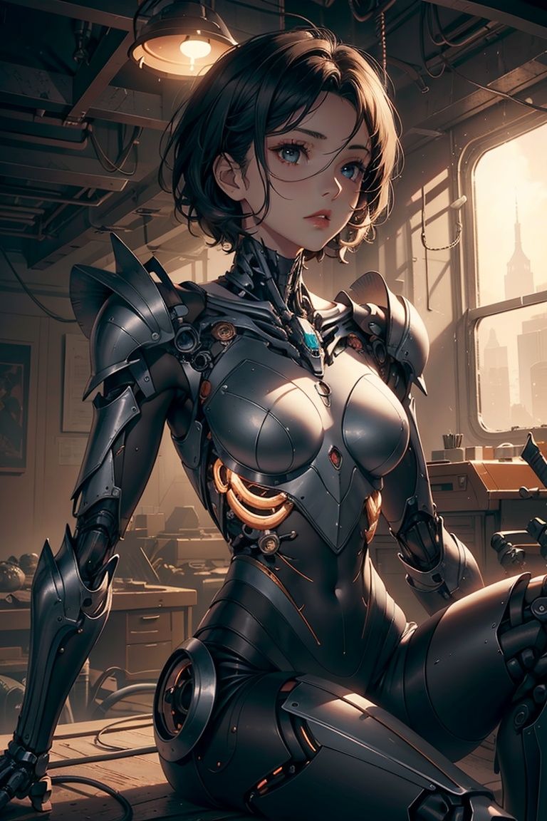  dramatic lighting,1girl,short curly hair,cyborg,armor,biomechanical environment,sitting