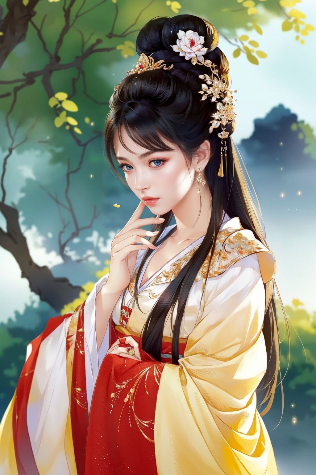 (8k, RAW photo, best quality, masterpiece:1.2),(super realistic, photo-realistic:1.3), ultra-detailed, extremely detailed cg 8k wallpaper,hatching (texture),skin gloss,light persona,(crystalstexture skin:1.2), (extremely delicate and beautiful),1girl, long hair, 1boy, bird, hair ornament, black hair, tree, chinese clothes, long sleeves, jewelry, hair bun, wide sleeves, branch, closed eyes, earrings, bare tree, tassel, hair flower, hanfu, <lora:1017gf-000016:0.8>