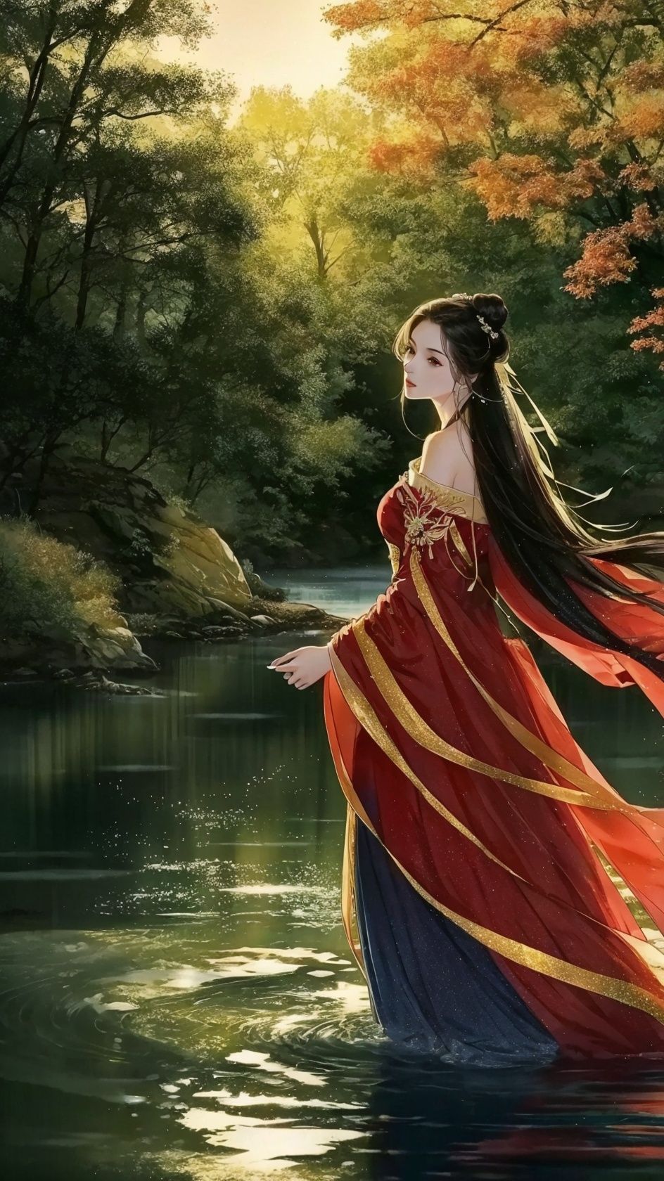 (8k, RAW photo, best quality, masterpiece:1.2),(super realistic, photo-realistic:1.3), ultra-detailed, extremely detailed cg 8k wallpaper,hatching (texture),skin gloss,light persona,(crystalstexture skin:1.2), (extremely delicate and beautiful), gf-hd, 1girl, long hair, solo, black hair, hanfu, dress, hair bun, red dress,night, beautiful detailed water,full body,  <lora:1017gf-000008:0.8>