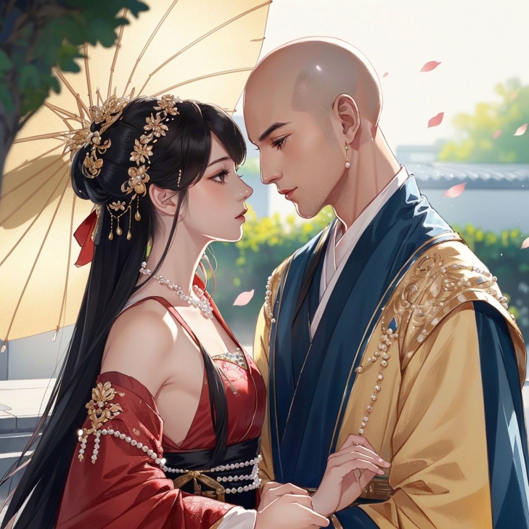 (8k, RAW photo, best quality, masterpiece:1.2),ultra-detailed, extremely detailed cg 8k wallpaper,hatching (texture),skin gloss,light persona,1girl, 1boy, beads, umbrella, black hair, detached sleeves, jewelry, bald, hetero, hair ornament, petals, looking at another1male, hanfu, <lora:1017gf-000018:0.6>