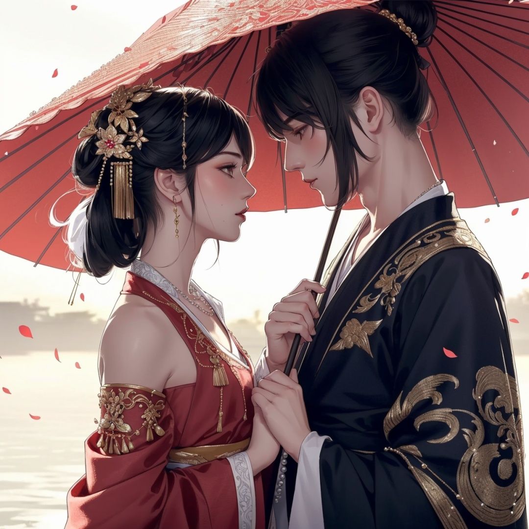 (8k, RAW photo, best quality, masterpiece:1.2),ultra-detailed, extremely detailed cg 8k wallpaper,hatching (texture),skin gloss,light persona,1girl, 1boy, beads, umbrella, black hair, detached sleeves, jewelry, bald, hetero, hair ornament, petals, looking at another1male, hanfu, <lora:1017gf-000018:0.5>