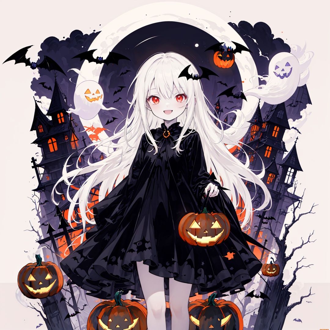 wansheng, flat color, 1girl, jack-o'-lantern, moon, ghost, halloween, dress, solo, bat (animal), long white hair,red eyes, pumpkin, black dress, red eyes, looking at viewer, night, smile