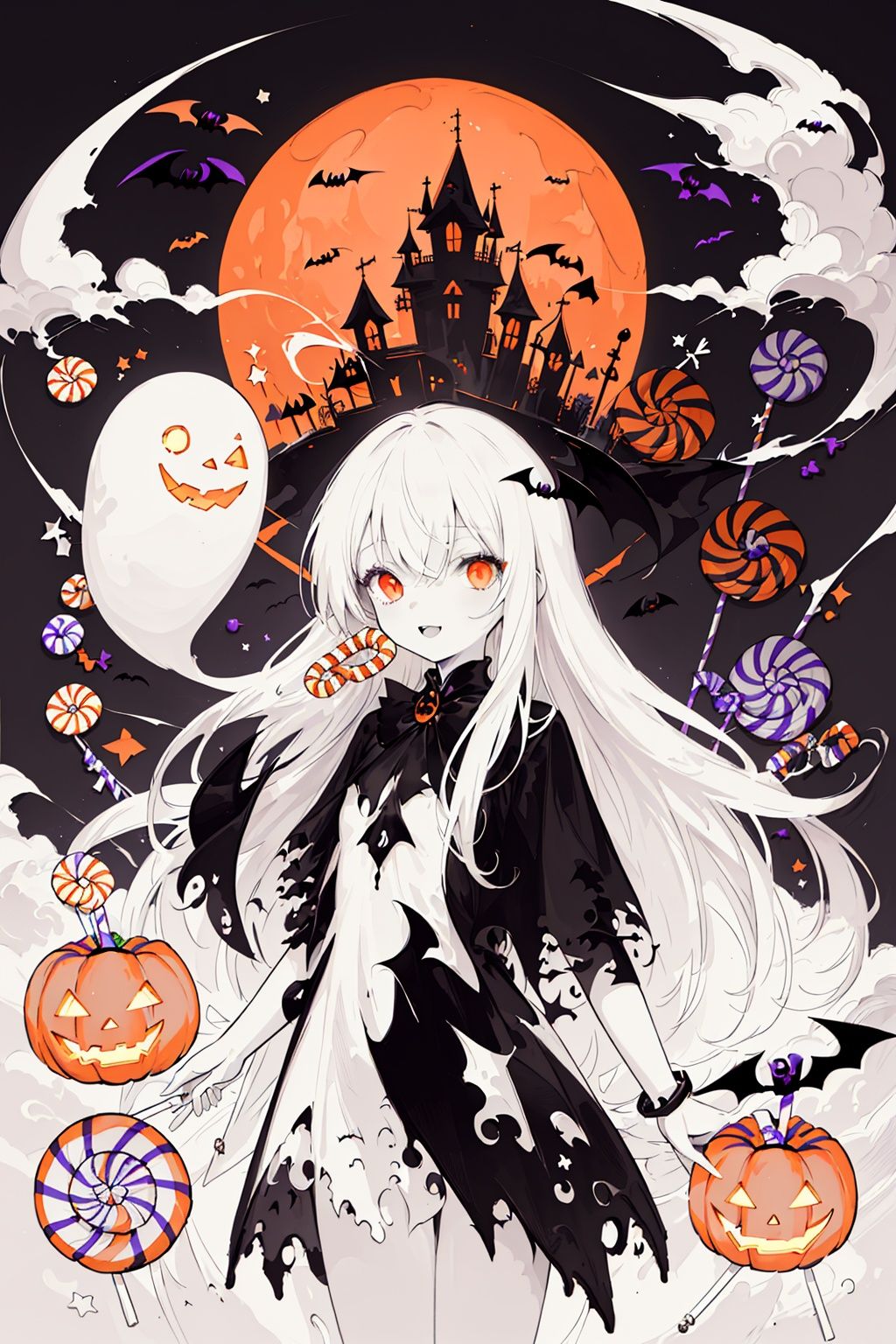  ((masterpiece:1)),(((best quality))),illustration,extremely detailed 8k wallpaper,colorful,

1girl,white hair,red eyes,shining eyes,

(ghost)


beautiful and detailed cloudy sky,castle,bat (animal),(halloween:1.1),full red moon,Beautiful and detailed black,(jack-o'-lantern:0.8)

 (Abstract Art:1.35),(flat color:1.3),(high contrast:1.3),happy halloween,(candy:1.2)
, wansheng