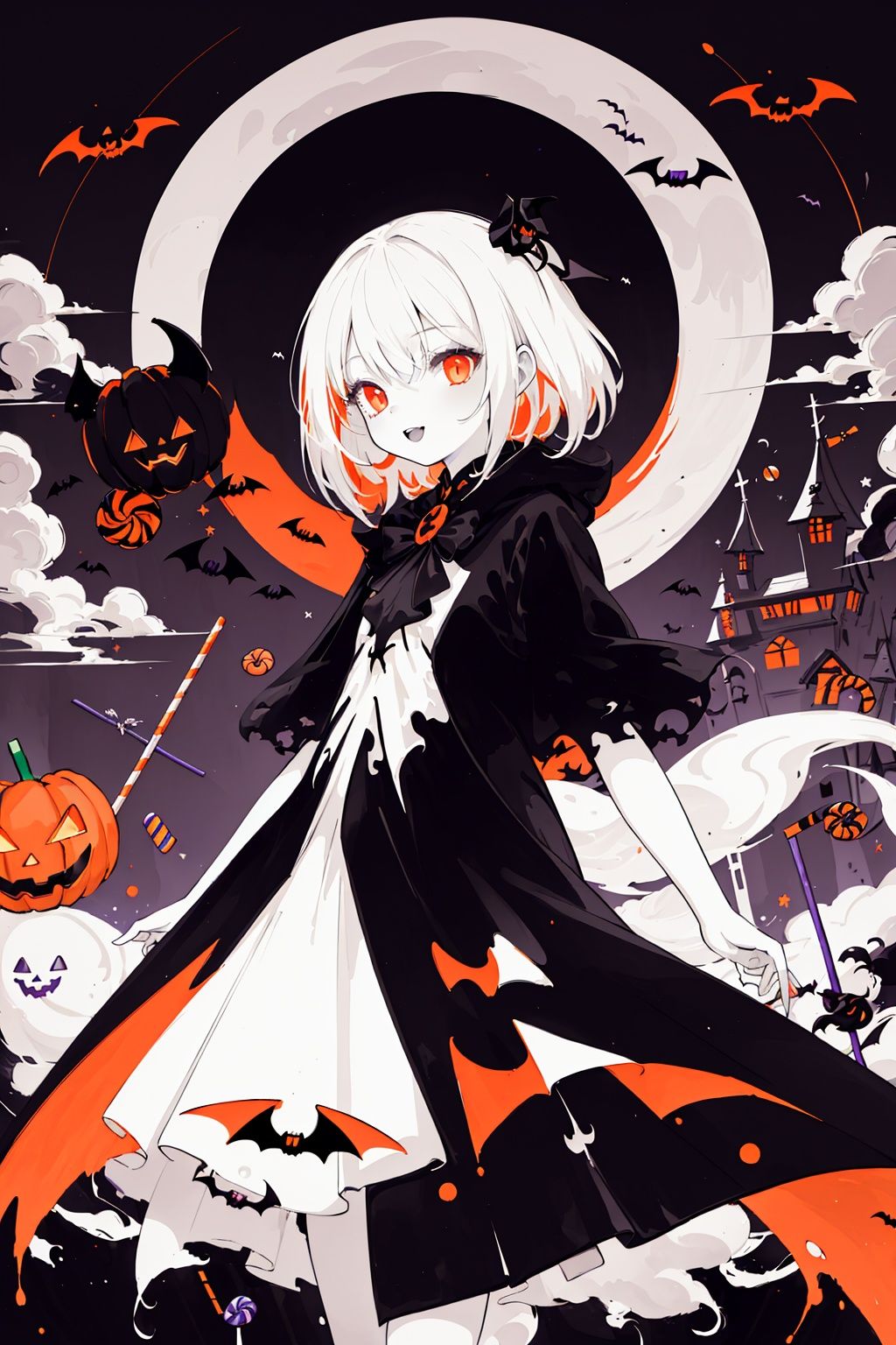  ((masterpiece:1)),(((best quality))),illustration,extremely detailed 8k wallpaper,colorful,

1girl,white hair,red eyes,shining eyes,

(ghost)


beautiful and detailed cloudy sky,castle,bat (animal),(halloween:1.1),full red moon,Beautiful and detailed black,(jack-o'-lantern:0.8)

 (Abstract Art:1.35),(flat color:1.3),(high contrast:1.3),happy halloween,(candy:1.2)
, wansheng