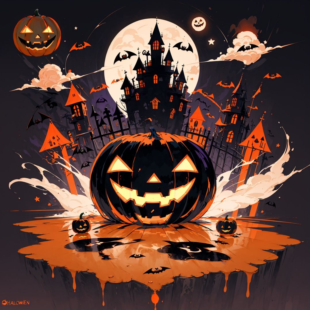 wansheng, flat color, bat (animal), no humans, moon, jack-o'-lantern, halloween, pumpkin, full moon, solo, night, fire, castle, sky