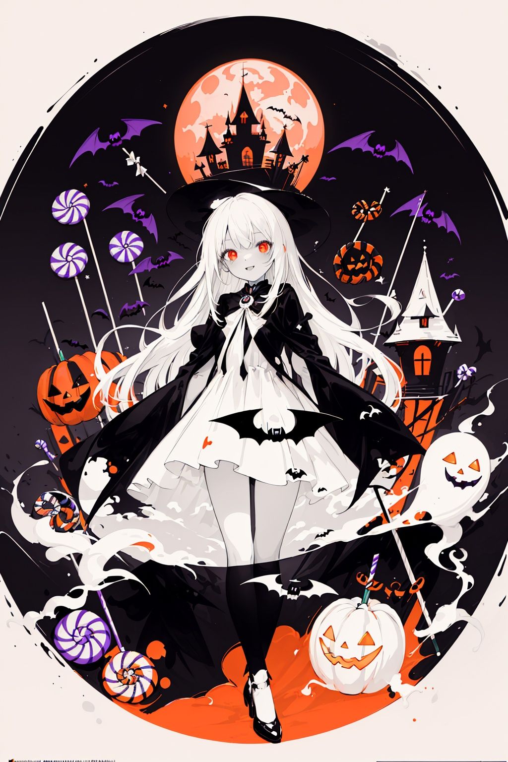  ((masterpiece:1)),(((best quality))),illustration,extremely detailed 8k wallpaper,colorful,

1girl,white hair,red eyes,shining eyes,

(ghost)


beautiful and detailed cloudy sky,castle,bat (animal),(halloween:1.1),full red moon,Beautiful and detailed black,(jack-o'-lantern:0.8)

 (Abstract Art:1.35),(flat color:1.3),(high contrast:1.3),happy halloween,(candy:1.2)
, wansheng