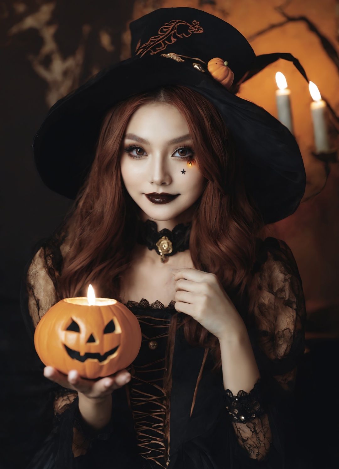 <lora:neg4all_bdsqlsz_xl_V7:1>,<lora:DetailedEyes_xl_V2:1>,SDS_Hallowmas,inspired by kim tschang yeul,holding a lantern,mad hatter,naver fanpop,lux,killstar,a woman in a witch costume holding a candle in a room,brown red long hair,fantasy beautiful,paru itagaki,in the starry night,victorian era,jellyfish element,portrait of a dark fantasy nymph,<lora:sdxl_8glora:0.6>,pumpkin lantern,cute halloween makeup,an evil smile,<lora:shou-xl:0.6>,