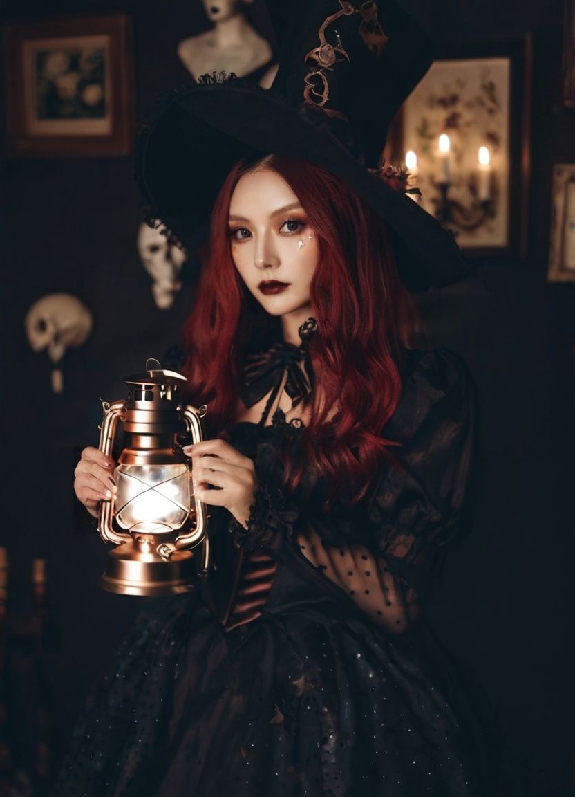 <lora:neg4all_bdsqlsz_xl_V7:1>,<lora:DetailedEyes_xl_V2:1>,SDS_Hallowmas,inspired by kim tschang yeul,holding a lantern,mad hatter,naver fanpop,lux,killstar,a woman in a witch costume holding a candle in a room,brown red long hair,fantasy beautiful,paru itagaki,in the starry night,victorian era,jellyfish element,portrait of a dark fantasy nymph,<lora:sdxl_8glora:0.7>,