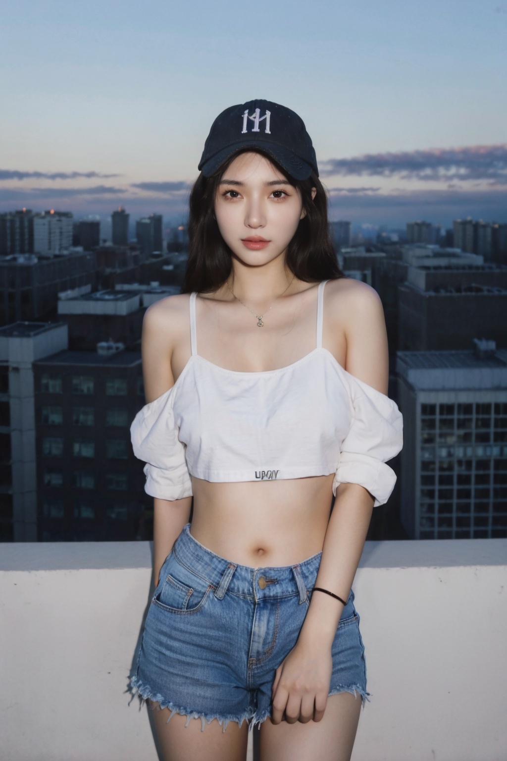  (masterpiece:1.2), high resolution, unity 8k wallpaper,(illustration:1), beautiful detailed eyes:, extremely detailed face, perfect lighting, photorealistic, realistic, hat, shorts, baseball cap, long hair, 1girl, necklace, denim, solo, jewelry, jacket, sky, denim shorts, brown hair, **** top, off shoulder, building, mask, cityscape, short shorts, black hair, midriff, city, day, plaid, crop top