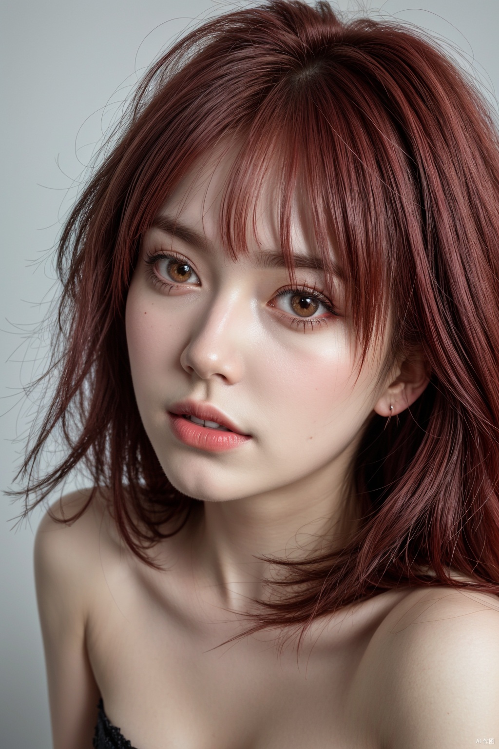  1girl, a red haired girl, in the style of realistic hyper-detailed portraits, sam kieth, josef kote, close-up, nightcore, dark and intricate, sharp edges