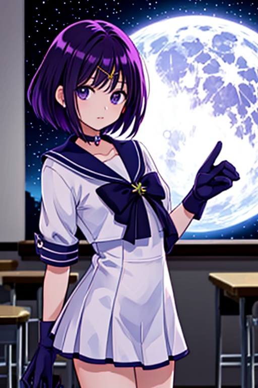 Generate a high-quality image of a 6-year-old Japanese schoolgirl in a classroom setting,  dressed as Sailor Saturn. She s...