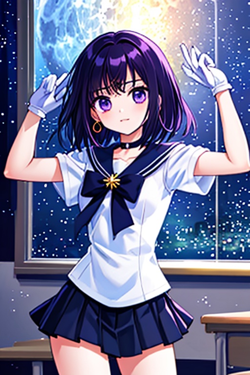 Generate a high-quality image of a 6-year-old Japanese schoolgirl in a classroom setting,  dressed as Sailor Saturn. She s...