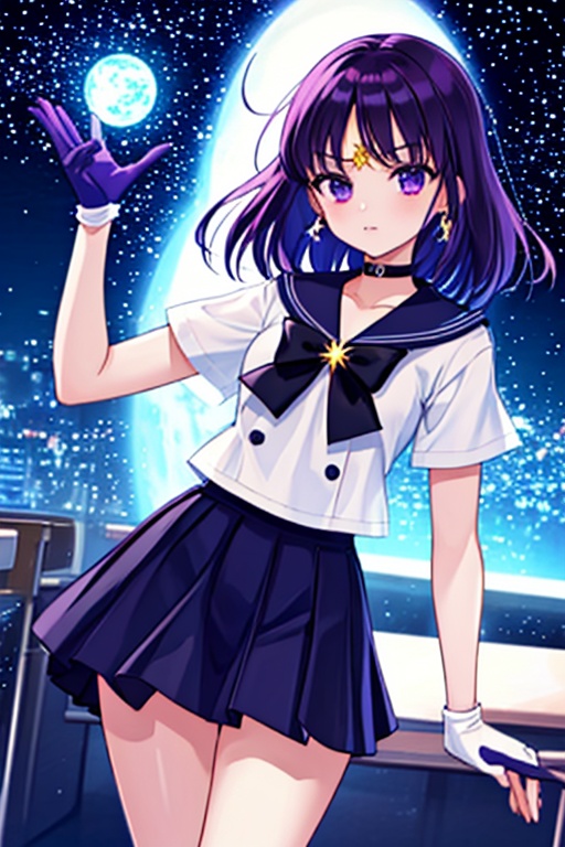 Generate a high-quality image of a 6-year-old Japanese schoolgirl in a classroom setting,  dressed as Sailor Saturn. She s...