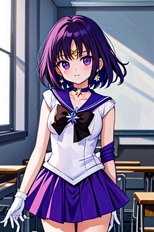 A beautiful and detailed illustration of a 6-year-old Japanese schoolgirl in a classroom setting,  incorporating Sailor Sa...