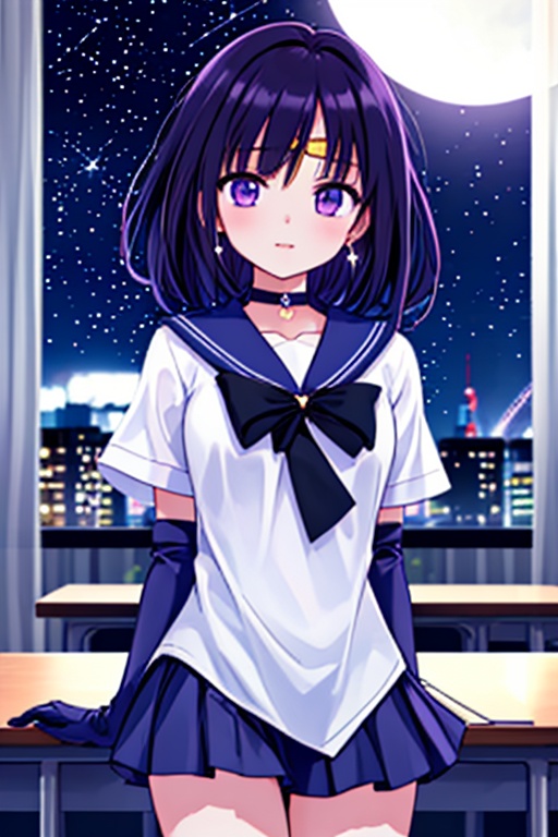 Generate a high-quality image of a 6-year-old Japanese schoolgirl in a classroom setting,  dressed as Sailor Saturn. She s...