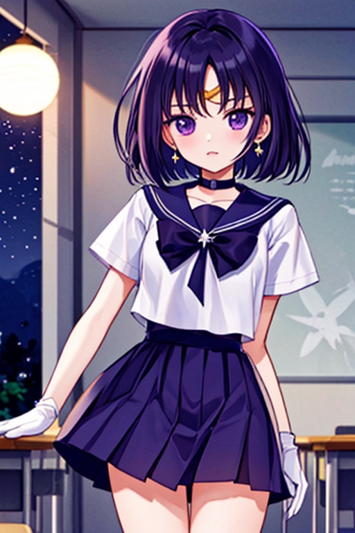 A detailed illustration of Sailor Saturn,  a 6-year-old Japanese schoolgirl in a classroom setting,  standing in front of...