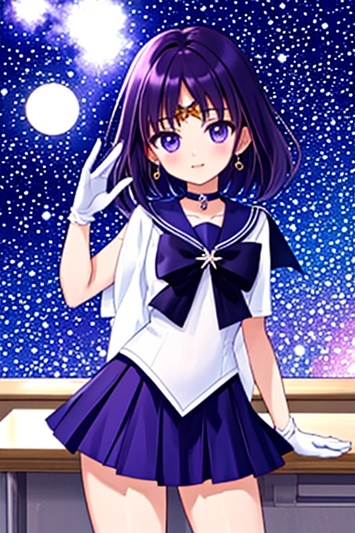 A beautiful and detailed illustration of Sailor Saturn,  a 6-year-old Japanese schoolgirl,  in a classroom setting. She ha...