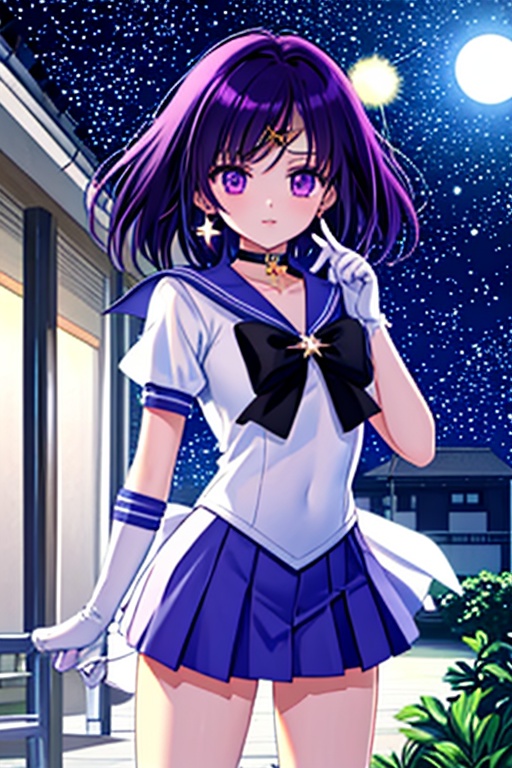 A detailed illustration of Sailor Saturn,  a 6-year-old Japanese schoolgirl,  standing in front of a school building at ni...